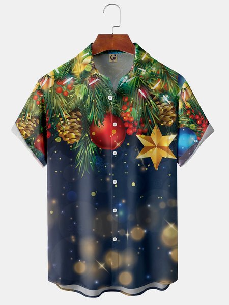 Christmas Chest Pocket Short Sleeve Casual Shirt, Multicolor, Men Shirts