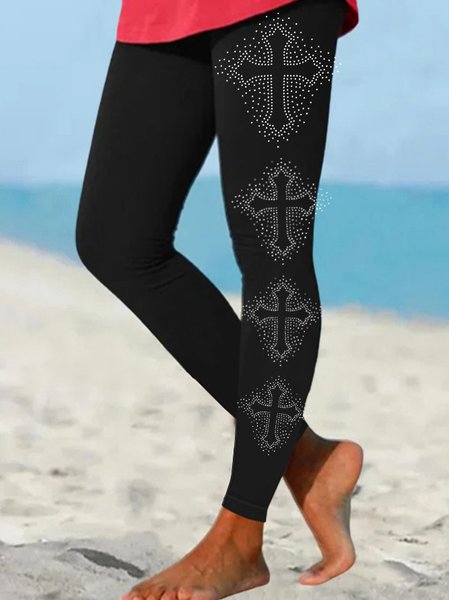 Women‘s Cross Faith Print Casual Leggings, Black, Leggings