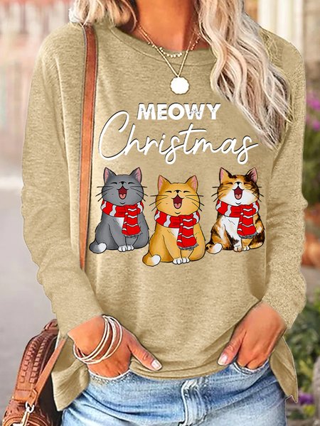 Women's Meowy Christmas Cat Regular Fit Crew Neck Long Sleeve Top, Khaki, Long sleeves
Women's Meowy Christmas Cat Regular Fit Crew Neck Long Sleeve Top, Khaki, Long sleeves
