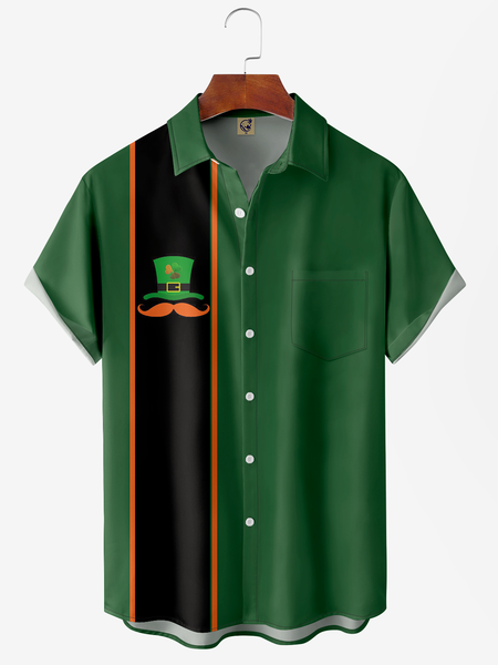 St. Patrick's Day Chest Pocket Short Sleeve Bowling Shirt, Green, Men Shirts