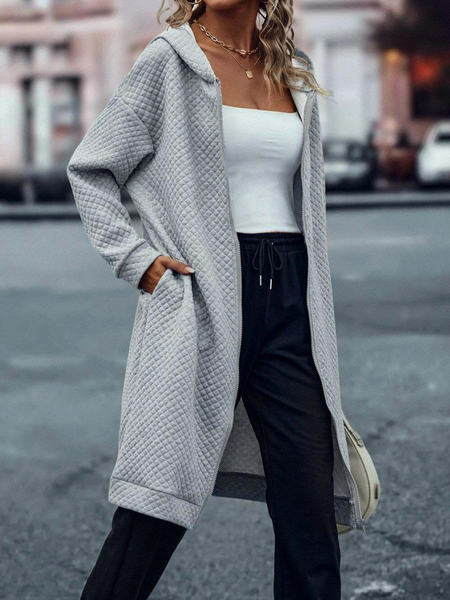 Casual Drop Shoulder Zip Up Longline Hoodie, Gray, Outerwear
