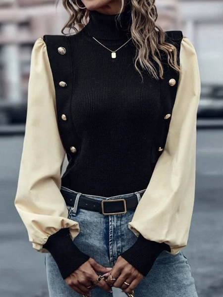Casual Turtleneck Plain Regular Fit Top, Black, Blouses & Shirts