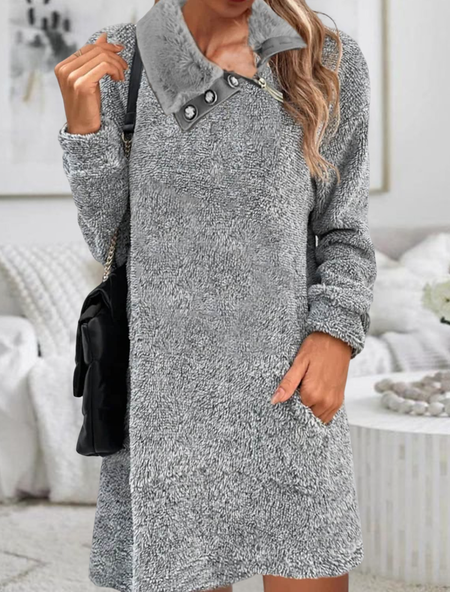 Casual Plain V Neck Fluff/Granular Fleece Fabric Dress, Gray, Mini Dresses