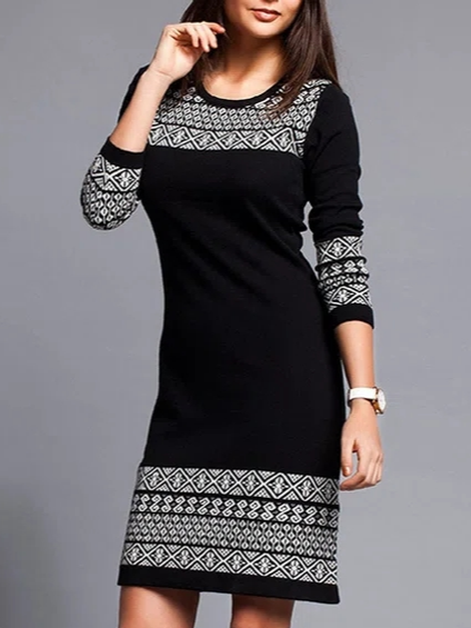 Regular Fit Geometric Casual Crew Neck Dress, Black, Mini Dresses