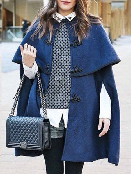 Long sleeve Regular Fit Urban Crew Neck Plain Overcoat, Blue, Coats