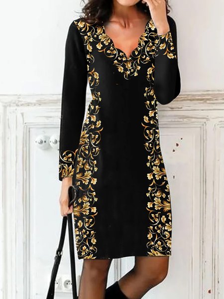 Boho V Neck Regular Fit Wool/Knitting Dress, Black, Mini Dresses