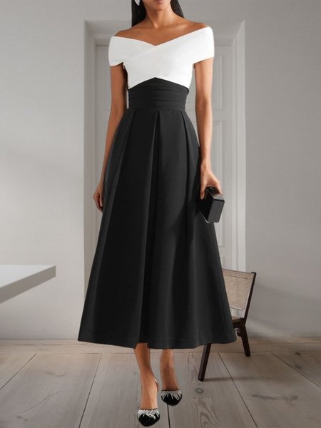 Regular Fit Elegant Short sleeve Knitted V Neck Party Dress, Black-white, Midi Dresses
Regular Fit Elegant Short sleeve Knitted V Neck Party Dress, Black-white, Midi Dresses