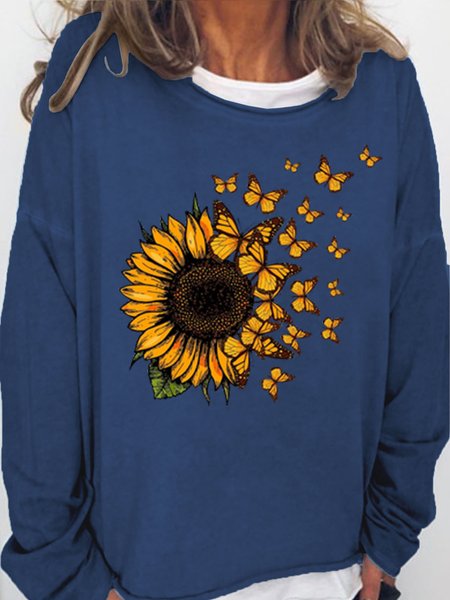 Women's Sunflower Butterfly Print Crew Neck Casual Sweatshirt, Dark blue, Hoodies&Sweatshirts 
Women's Sunflower Butterfly Print Crew Neck Casual Sweatshirt, Dark blue, Hoodies&Sweatshirts