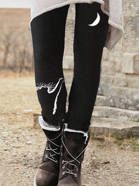 Women's Cat Reach The Moon Print Casual Leggings, Black, Leggings