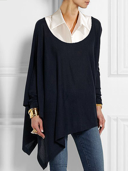 Loose High Elasticity Urban Shirt Collar Long sleeve Top, Navyblue, Linen Tops