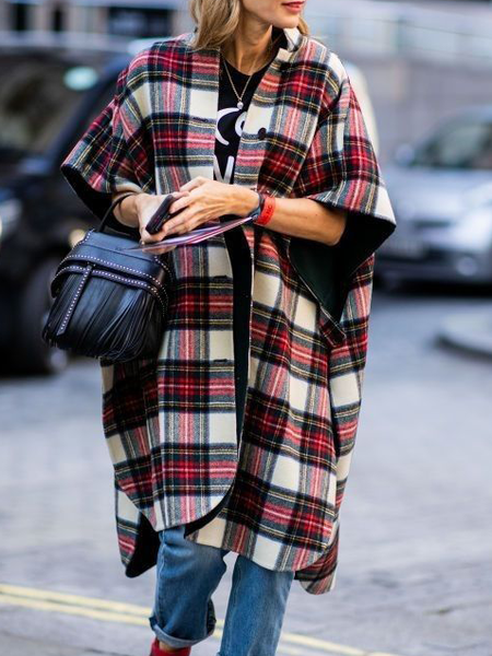 Simple Loose Plaid Overcoat, Red, Coats