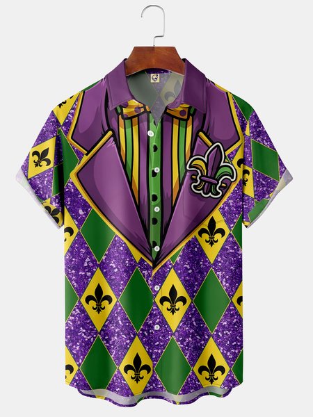 Carnival Short Sleeve Shirt with Breast Pocket, Purple, Men Shirts