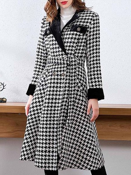 Long sleeve Lapel Collar Houndstooth Elegant Overcoat, Black, Coats
