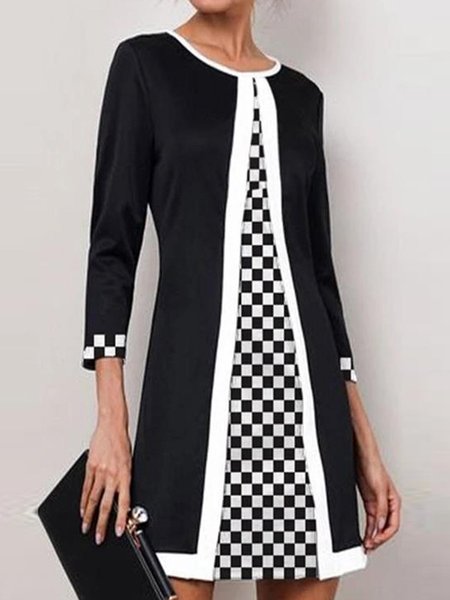 Crew Neck Regular Fit Color Block Casual Dress, Black, Mini Dresses