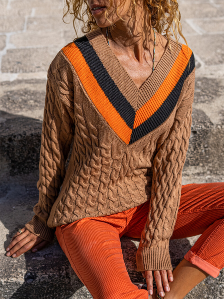 Casual Loose Color Block V Neck Sweater, Brown, Sweaters