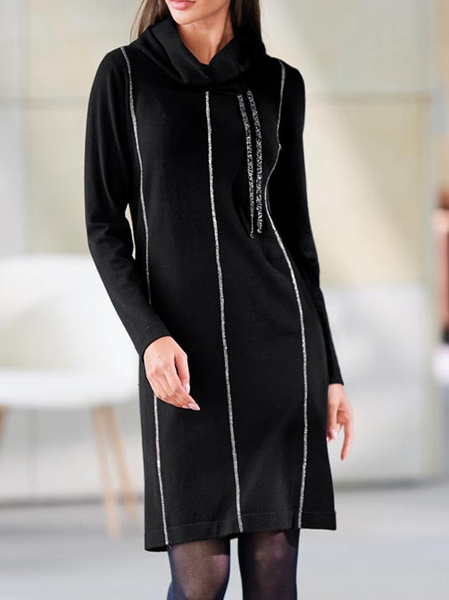 Plain Casual Turtleneck Loose Dress, Black, Dresses