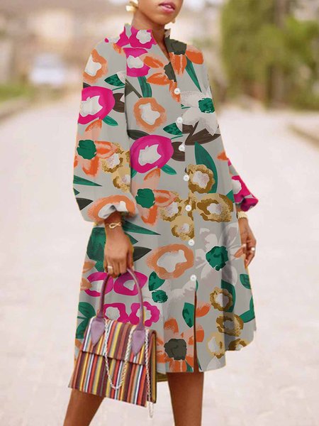 Long sleeve Elegant Stand Collar Floral Regular Fit Dress, Green, Mini Dresses