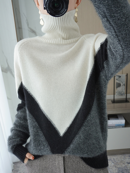 Turtleneck Casual Wool/Knitting Color Block Sweater, Black-white, Pullovers
Turtleneck Casual Wool/Knitting Color Block Sweater, Black-white, Pullovers