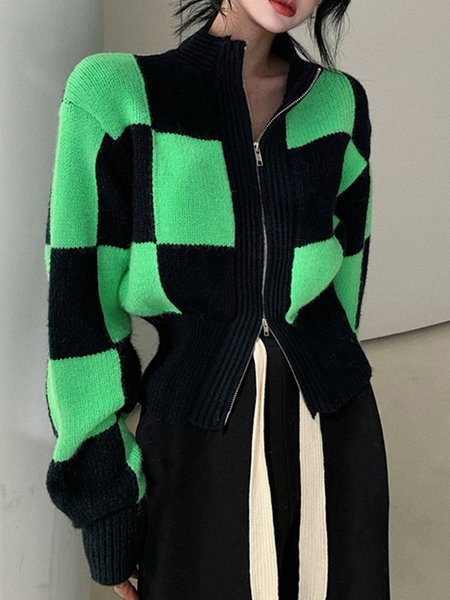 Long sleeve Stand Collar Simple Loose Sweater Coat, Green, Cardigans