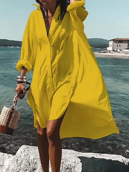Long sleeve Loose Vacation Plain Shirt Collar Dress, Yellow, Mini Dresses