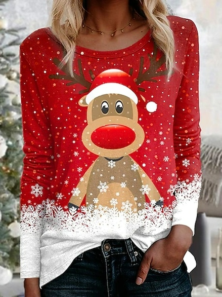 Crew Neck Christmas Casual T-Shirt, Red, Tops