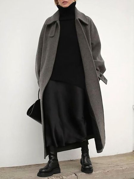 Long sleeve Plain Loose Shawl Collar Simple Overcoat, Gray, Coats