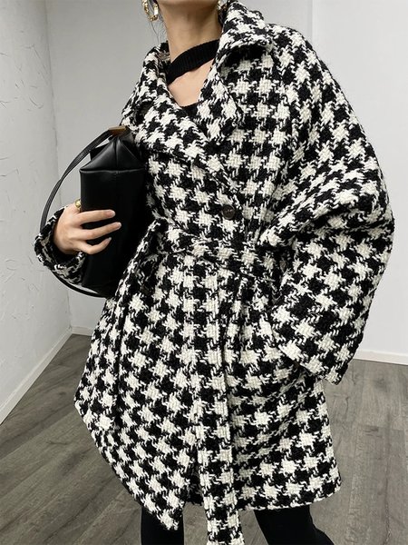 Urban Houndstooth Long Sleeve Loosen Overcoat, Black-white, Coats