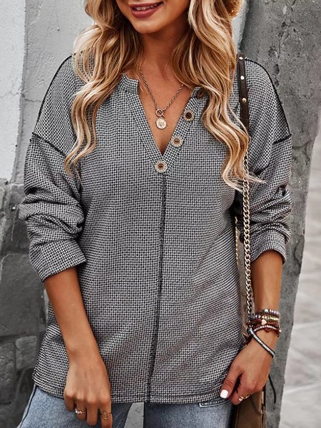 Casual V Neck Buttons Plain Loose Top, Gray, Tops