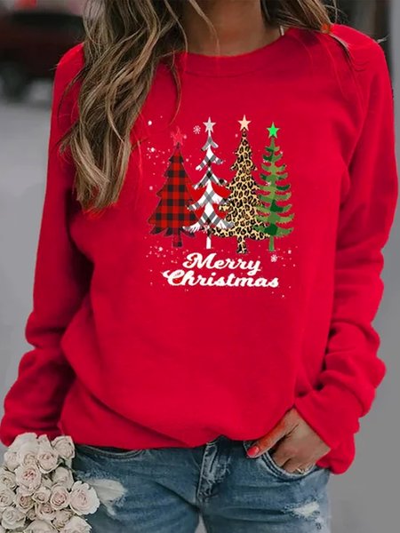 

Plus Size Crew Neck Vintage Christmas Long Sleeve Cotton-Blend Shirts & Tops, Red, Long sleeve tops