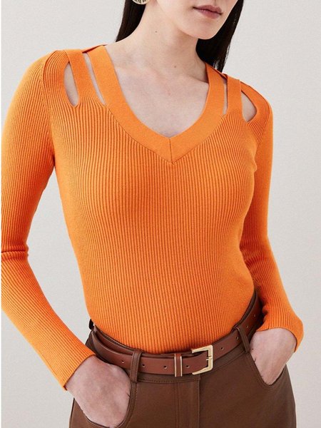 V Neck Orange Wool/Knitting Elegant Sweater, Pullovers