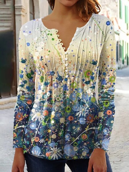 V Neck Ombre Casual Loose Top, Multicolor, Tops