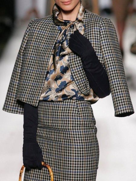 Elegant Crew Neck Loose Houndstooth Jacket, As picture, Jackets