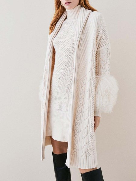 Plain Elegant Loose Shawl Collar Sweater Coat, Cream, Cardigans