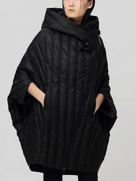 Simple Batwing Sleeve Plain Fleece Coat, Black, Padded Jackets