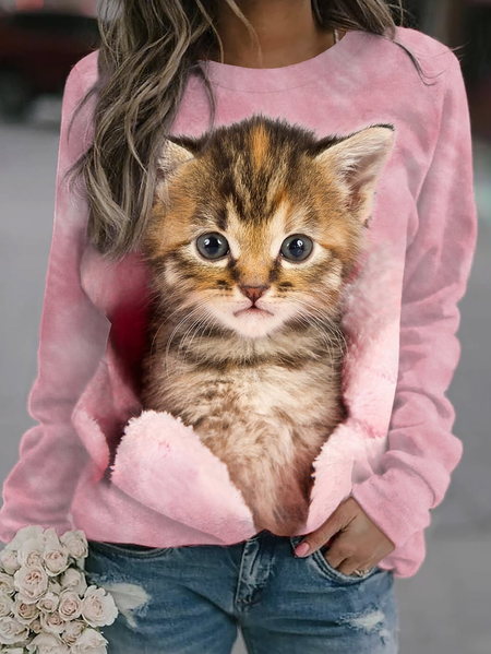 Funny And Cute Cat Round Neck Loose Sweater, Pink, Hoodies & Sweatshirts