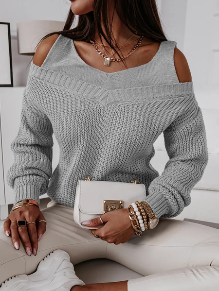 Crew Neck Casual Plain Sweater, Gray, Sweaters & Cardigans