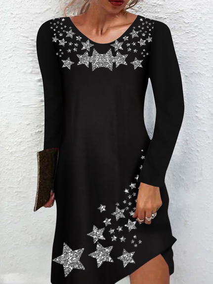 Women's Star Geometric Crew Neck Casual Long Sleeve Dress, Black, Dresses