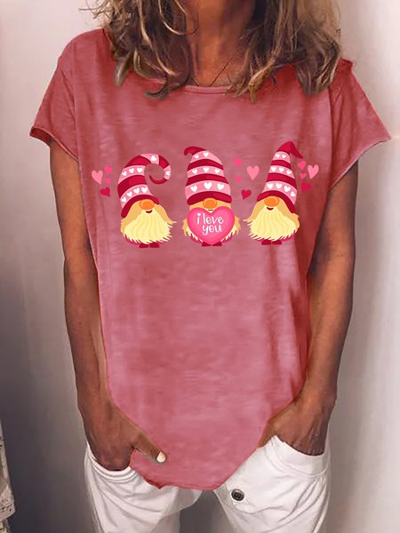 Women's Love Gnome Heart Crew Neck Casual T-Shirt, Pink, T-shirts