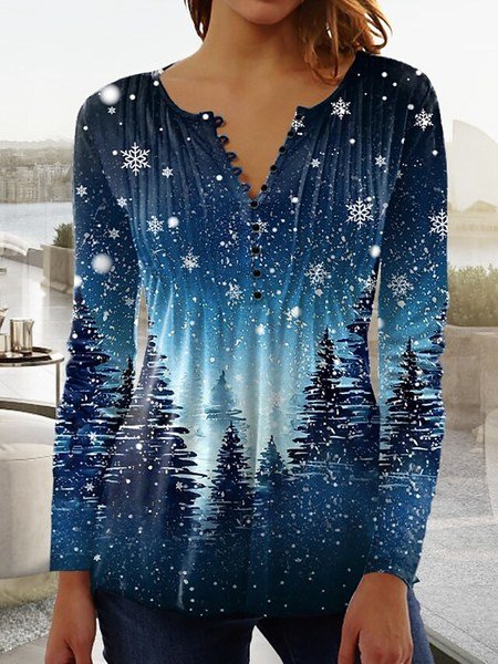 Christmas Regular Fit V Neck Casual Top, Blue, Tops