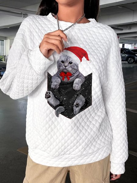 Loose Cat Casual Crew Neck Sweatshirt, White, Hoodies & Sweatshirts
