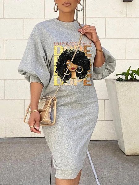 Casual Abstract Crew Neck Three Quarter Midi Dress, Gray, Midi Dresses