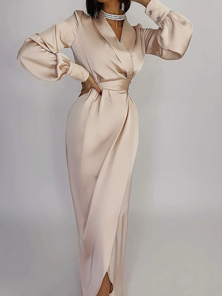 Regular Fit Satin V Neck Long sleeve Long Elegant Dress, Nudepink, Maxi Dresses