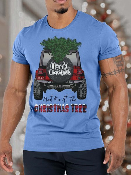 Men’s Merry Christmas Meet Me At The Christmas Tree Fit Casual Crew Neck Christmas T-Shirt, Light blue, T-shirts