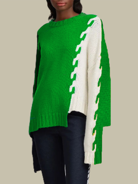 Crew Neck Elegant Loose Wool/Knitting Sweater, Green, Pullovers