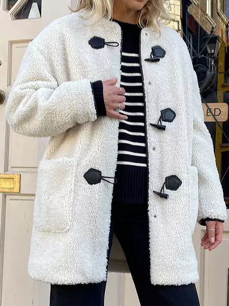 Loose Casual Plain Teddy Jacket, White, Coats