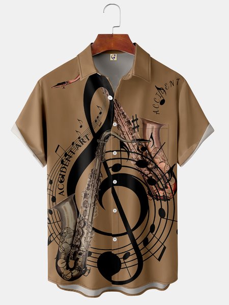Music Note Chest Pocket Short Sleeve Casual Shirt, Light camel, Men Shirts