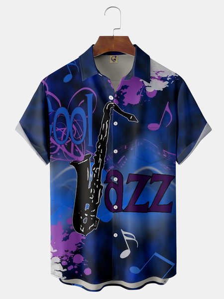 Music Chest Pocket Short Sleeve Shirt, Blue, Men Shirts