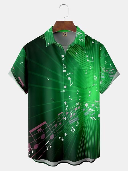 Music Chest Pocket Short Sleeve Shirt, Green, Men Shirts