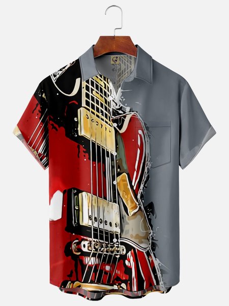 Electric Guitar Chest Pocket Short Sleeve Casual Shirt, Red, Men Shirts