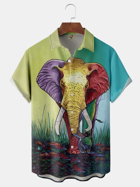 Elephant Chest Pocket Short Sleeve Shirt, Yellow, Men Shirts